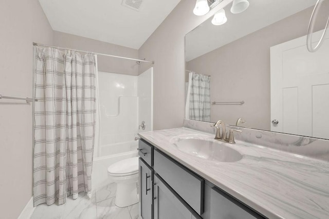 bathroom featuring visible vents, marble finish floor, toilet, vanity, and shower / tub combo