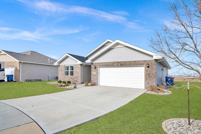 single story home featuring brick siding, driveway, a front lawn, and an attached garage