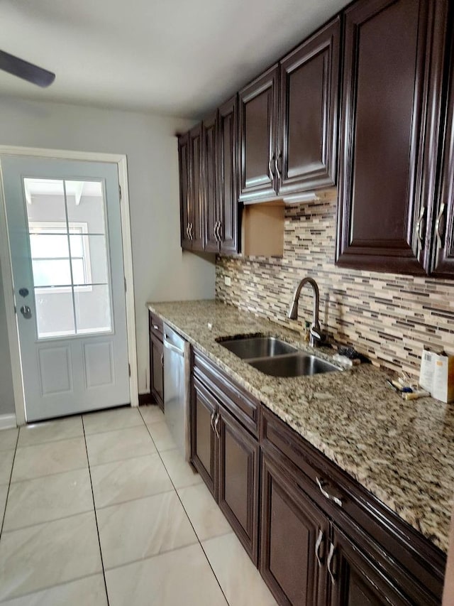 17109 Magnolia Dr, Hazel Crest, IL 60429 - kitchen with dishwasher, a sink, backsplash, light stone countertops, and dark brown cabinetry