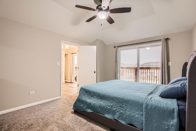 bedroom with access to exterior, vaulted ceiling, a ceiling fan, baseboards, and carpet