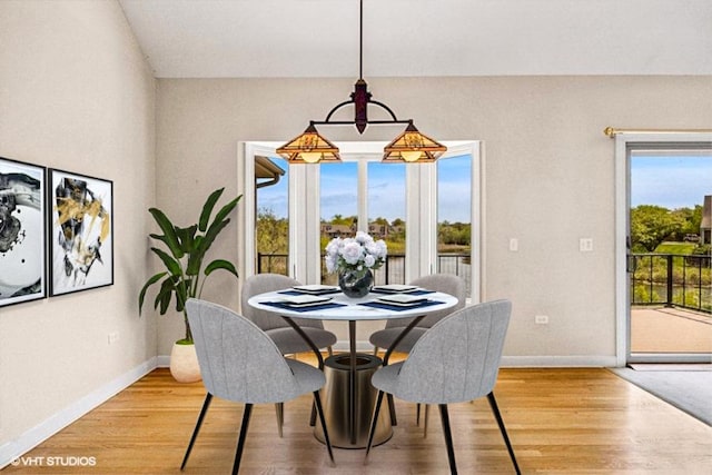 dining area with plenty of natural light, baseboards, and wood finished floors