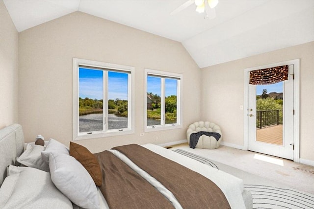 bedroom featuring access to exterior, vaulted ceiling, carpet flooring, baseboards, and ceiling fan