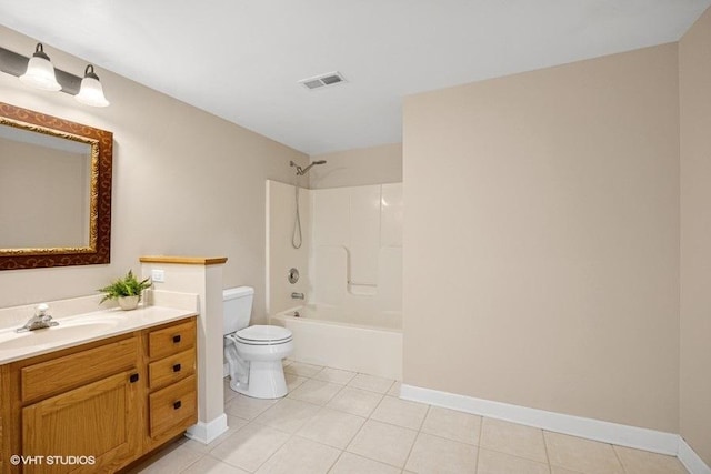 full bathroom with toilet, vanity, tile patterned floors, and baseboards