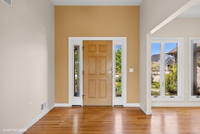 entrance foyer with wood finished floors, baseboards, and healthy amount of natural light