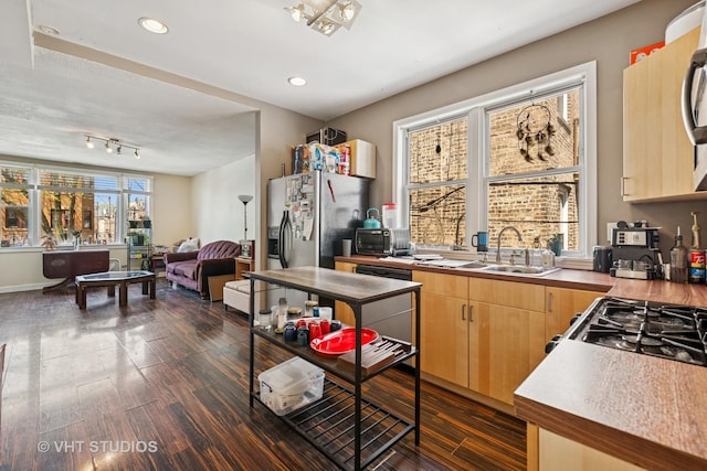 1943 N Whipple St, Chicago, IL 60647 - kitchen featuring dark wood-style flooring, light brown cabinets, light countertops, open floor plan, and recessed lighting