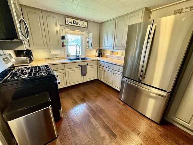 kitchen with dark wood-style floors, a sink, stainless steel appliances, and light countertops