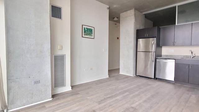 kitchen featuring light wood-style floors, appliances with stainless steel finishes, a sink, and visible vents