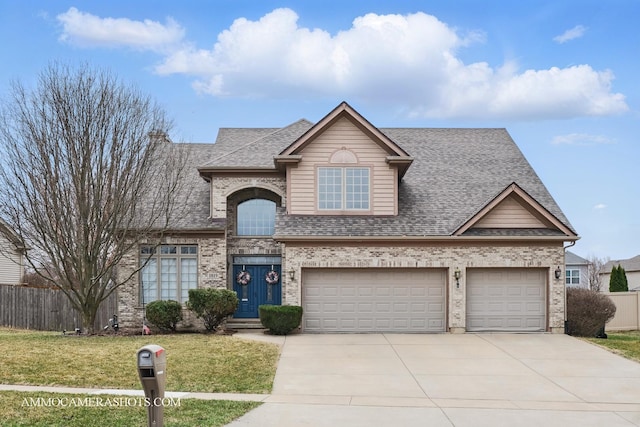 view of front of property featuring roof with shingles, a front yard, driveway, and fence