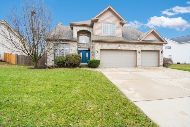 view of front of home with fence, brick siding, a front lawn, driveway, and a shingled roof