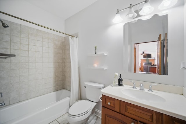 full bathroom featuring toilet, vanity, and shower / tub combo with curtain
