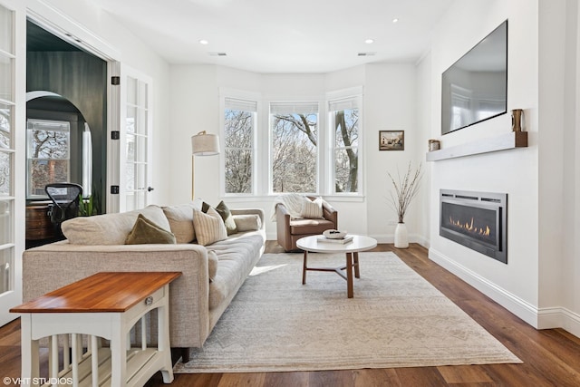 living room featuring a healthy amount of sunlight, a glass covered fireplace, recessed lighting, and wood finished floors
