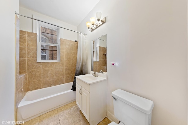 full bath featuring toilet, shower / tub combo with curtain, and vanity