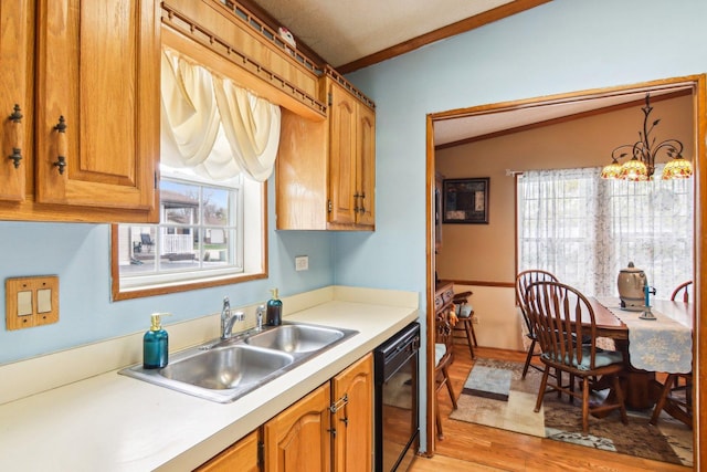 kitchen with light wood-style floors, a sink, brown cabinets, and light countertops