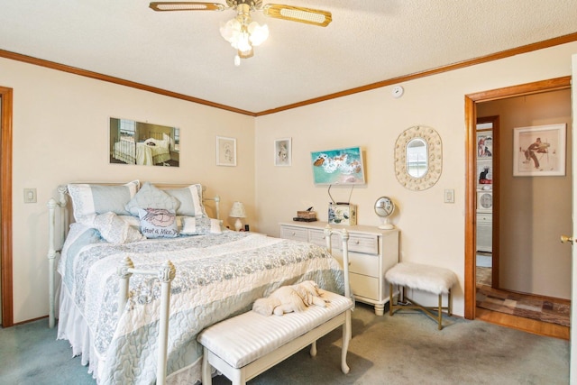 carpeted bedroom featuring crown molding and ceiling fan