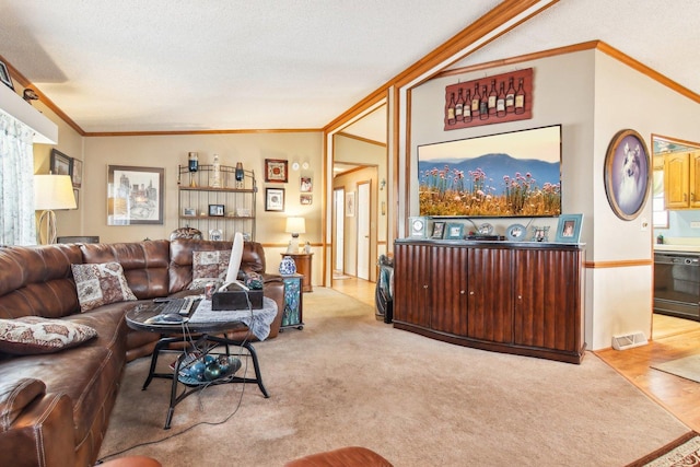 living area with crown molding, a textured ceiling, carpet flooring, and visible vents
