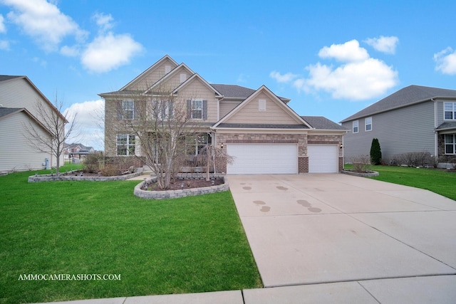 craftsman house featuring an attached garage, concrete driveway, a front lawn, and brick siding