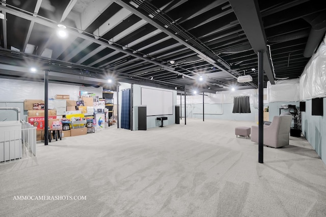 basement featuring carpet flooring