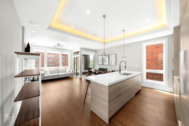 kitchen featuring modern cabinets, a sink, a tray ceiling, dark wood-style floors, and recessed lighting