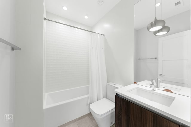 full bathroom with toilet, tile patterned flooring, shower / tub combo, and vanity