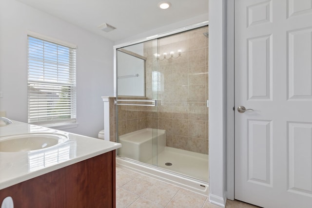 3576 Gabrielle Ln, Aurora, IL 60504 - full bathroom with tile patterned floors, a shower stall, vanity, recessed lighting, and a chandelier