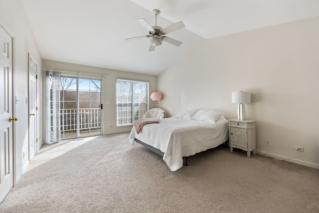 bedroom featuring light carpet, vaulted ceiling, a ceiling fan, and access to outside