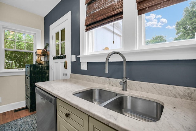 708 W Church St, Champaign, IL 61820 - kitchen with stainless steel dishwasher, dark wood finished floors, and light stone countertops