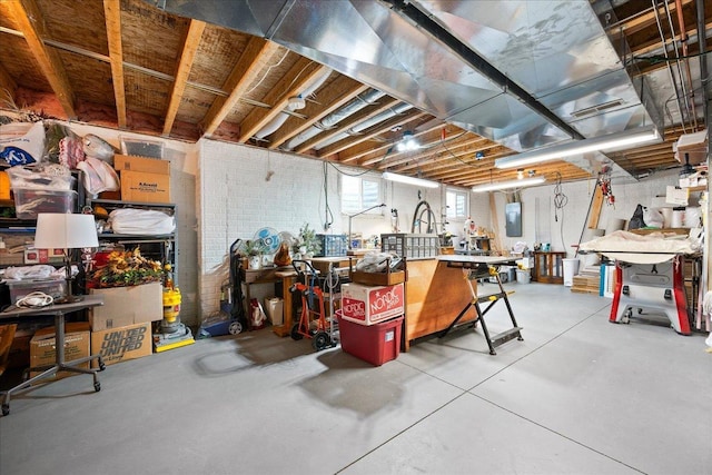 below grade area with a workshop area and electric panel