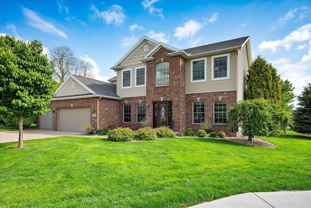 view of front of home with an attached garage, brick siding, driveway, and a front yard