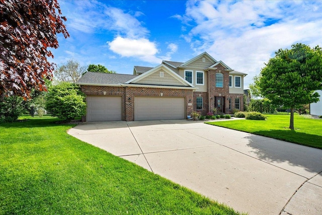 traditional-style house with concrete driveway, brick siding, a front lawn, and an attached garage