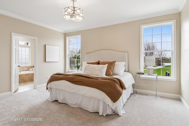 3607 Greystone Ave, Naperville, IL 60564 - bedroom featuring light carpet, baseboards, crown molding, and connected bathroom