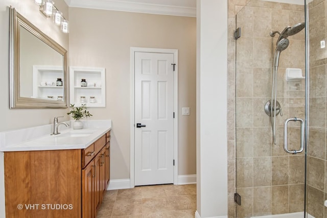 3607 Greystone Ave, Naperville, IL 60564 - bathroom featuring a shower stall, vanity, and ornamental molding