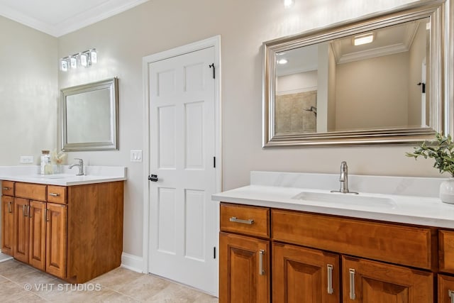 3607 Greystone Ave, Naperville, IL 60564 - full bath featuring two vanities, a sink, ornamental molding, and tile patterned flooring