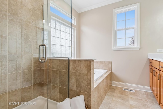 3607 Greystone Ave, Naperville, IL 60564 - bathroom with baseboards, a tile shower, crown molding, vanity, and a relaxing tiled tub