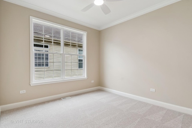 3607 Greystone Ave, Naperville, IL 60564 - carpeted spare room with visible vents, baseboards, a ceiling fan, and crown molding