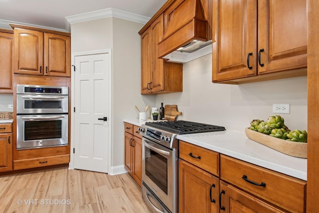 3607 Greystone Ave, Naperville, IL 60564 - kitchen with custom exhaust hood, light countertops, brown cabinetry, and appliances with stainless steel finishes