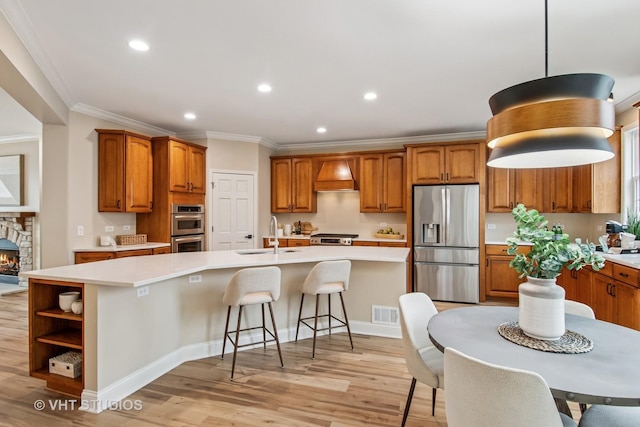 3607 Greystone Ave, Naperville, IL 60564 - kitchen with brown cabinets, custom range hood, a sink, and stainless steel appliances