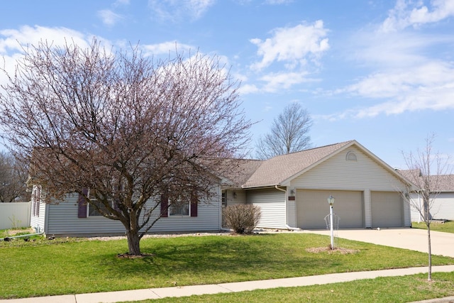 single story home with a front yard, concrete driveway, fence, a shingled roof, and a garage