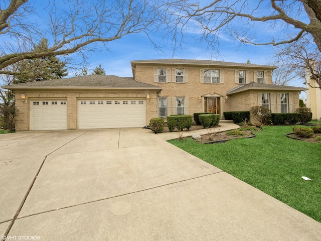 view of front of property with a garage, brick siding, a front lawn, driveway, and roof with shingles
