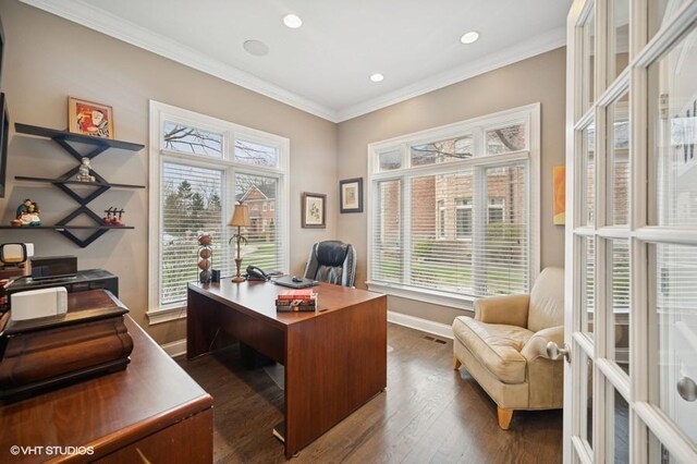 4020 Noble Ct, Northbrook, IL 60062 - office featuring baseboards, dark wood-style floors, ornamental molding, and recessed lighting