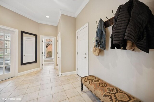 4020 Noble Ct, Northbrook, IL 60062 - mudroom with crown molding, plenty of natural light, light tile patterned floors, and baseboards