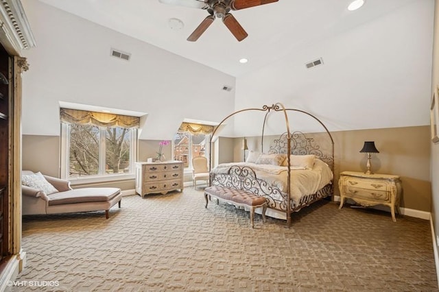 4020 Noble Ct, Northbrook, IL 60062 - bedroom with baseboards, carpet floors, a ceiling fan, recessed lighting, and high vaulted ceiling