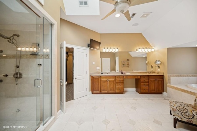 4020 Noble Ct, Northbrook, IL 60062 - full bathroom with a stall shower, ceiling fan, a garden tub, double vanity, and tile patterned floors