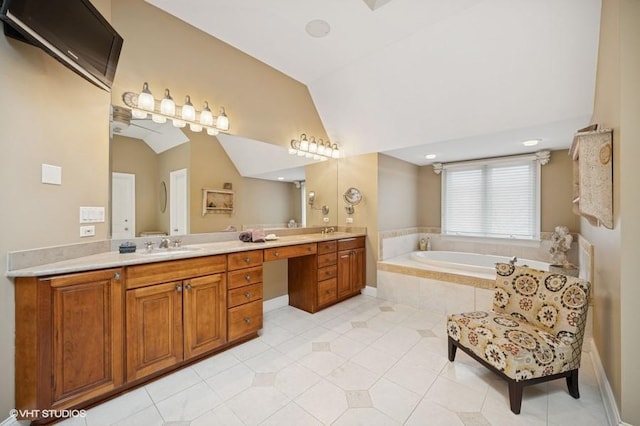 4020 Noble Ct, Northbrook, IL 60062 - bathroom with lofted ceiling, double vanity, a bath, and tile patterned flooring