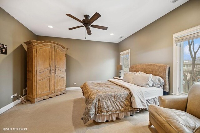 4020 Noble Ct, Northbrook, IL 60062 - bedroom with multiple windows, baseboards, light carpet, recessed lighting, and ceiling fan