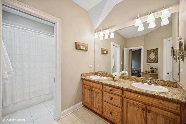4020 Noble Ct, Northbrook, IL 60062 - full bath featuring tile patterned flooring, double vanity, lofted ceiling, connected bathroom, and shower / tub combo