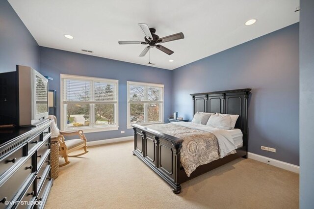 4020 Noble Ct, Northbrook, IL 60062 - bedroom with baseboards, light colored carpet, ceiling fan, and recessed lighting