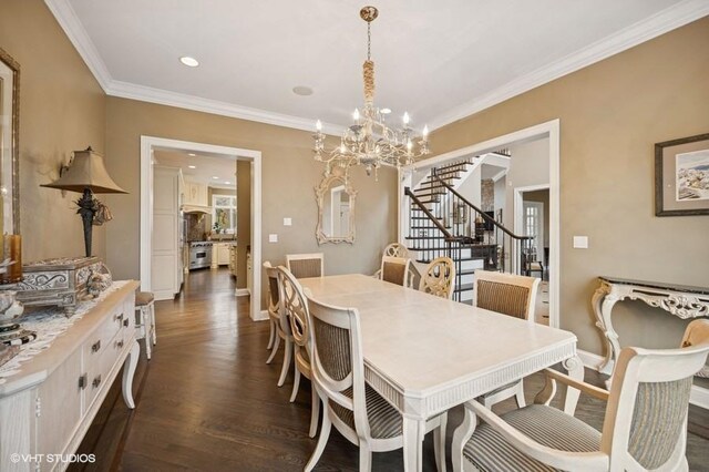4020 Noble Ct, Northbrook, IL 60062 - dining space featuring stairs, ornamental molding, a chandelier, dark wood-type flooring, and baseboards