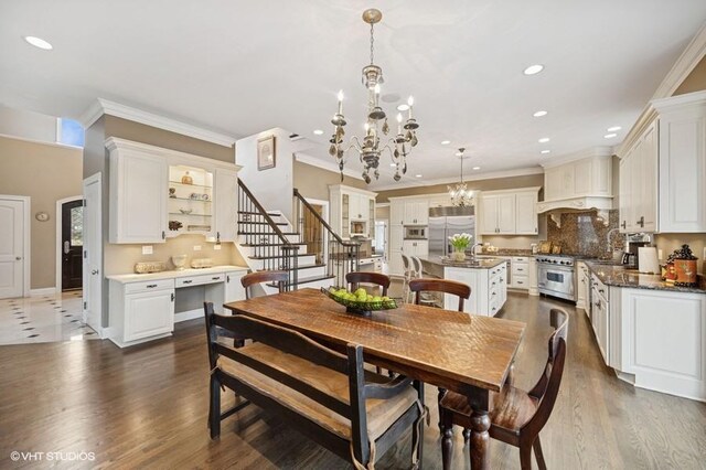 4020 Noble Ct, Northbrook, IL 60062 - dining room with a chandelier, stairway, recessed lighting, ornamental molding, and dark wood-style floors