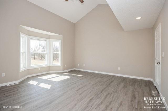 1301 W Clinton Ave, Farmer City, IL 61842 - spare room with baseboards, ceiling fan, wood finished floors, recessed lighting, and vaulted ceiling