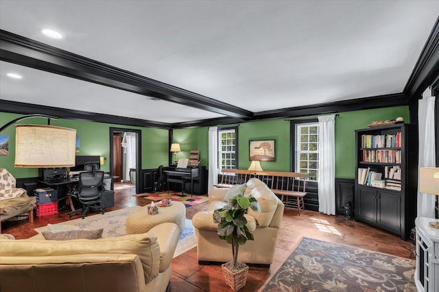 2066 County Road 125 E, Mahomet, IL 61853 - living room with wainscoting, ornamental molding, and beam ceiling